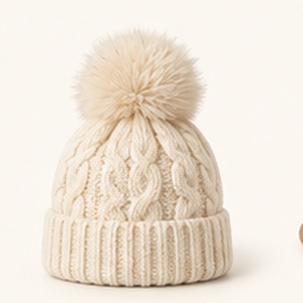 Ribgebreide beanie in crème, studiofoto op lichte achtergrond