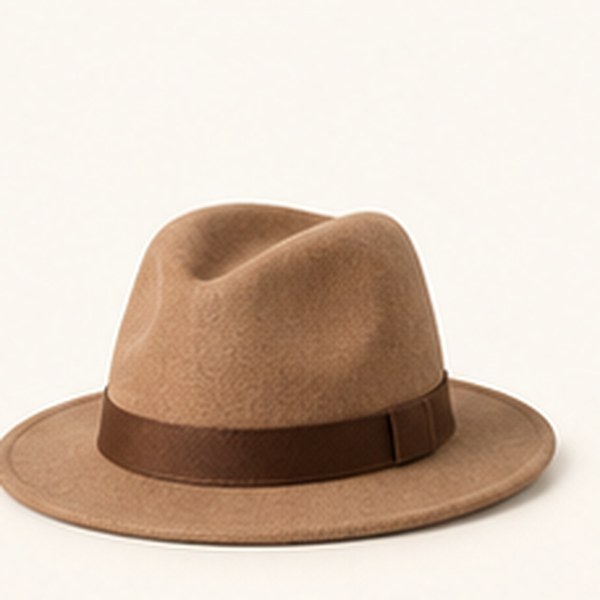 Ribgebreide beanie in camel, studiofoto op lichte achtergrond